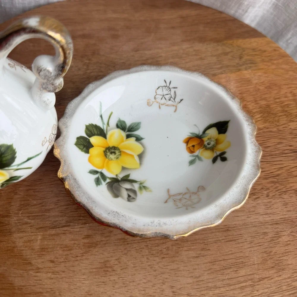 VTG Enesco Mini Pitcher Creamer and Saucer White Yellow Floral Gold Trim Japan